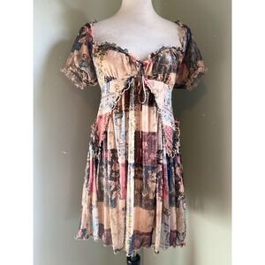 Urban Outfitters Patchwork Kitten Mini Dress‎ Ruffle S boho whimsigoth cat y2k